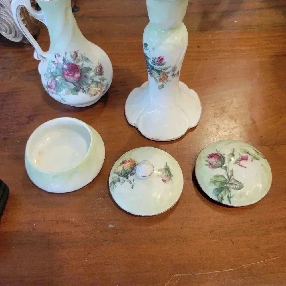 5 Piece Vintage Woman's Decorative Dresser Set floral  ceramic - Picture 8 of 8